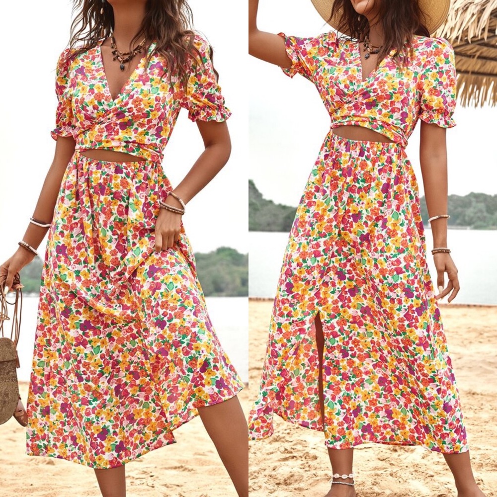 💐 BOHO YELLOW PINK MULTI COLORFUL DRESS! - Picture 1 of 5